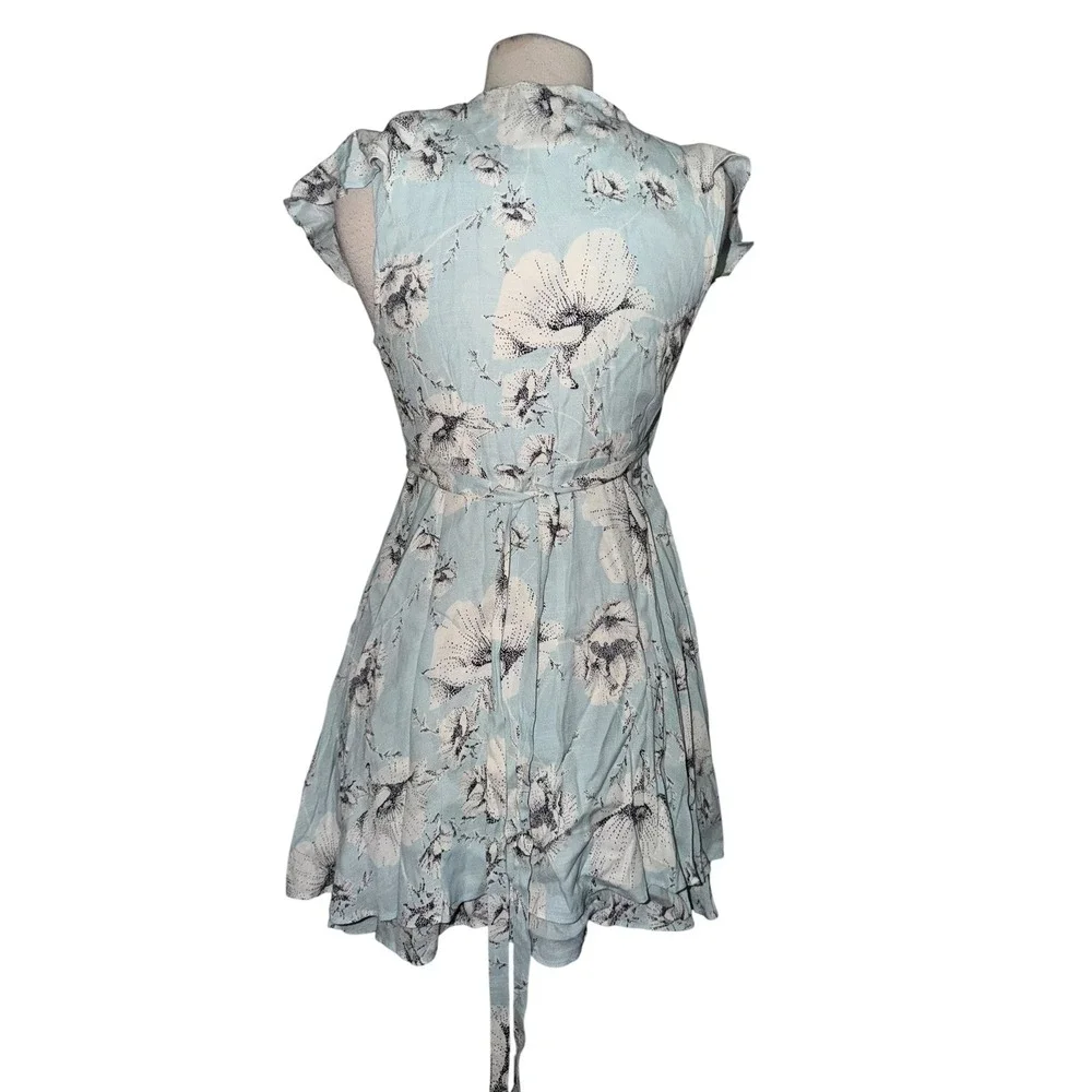 Free People French Quarter Wrap Dress Light Blue Floral Ruffle Mini Small CR5